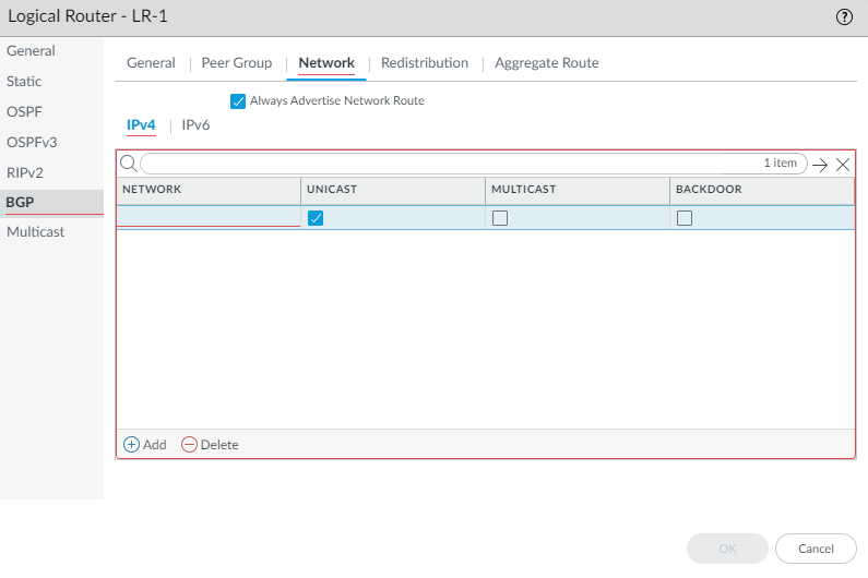 BGP Network Advertisement configuration tab.